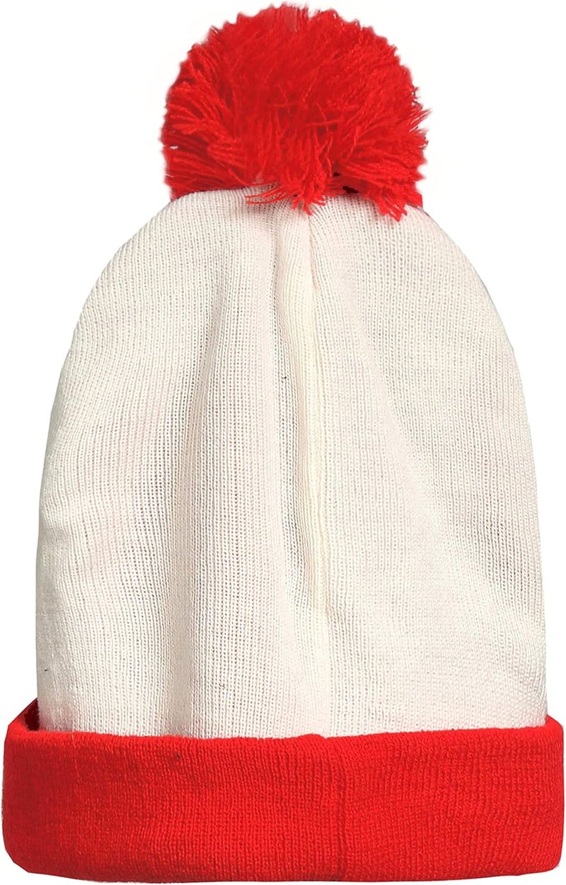 SSLR -Big-Kids-Halloween-Beanie-Hat-Red White Pom Pom Cuff Knit Christmas Hat - Image 2